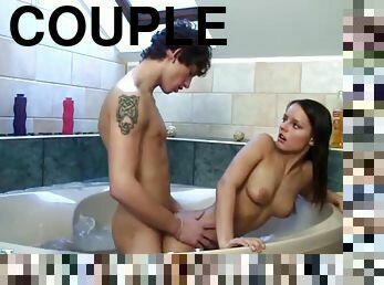 Young Euro couple has amateur sex in bathroom - young brunette with perky tits