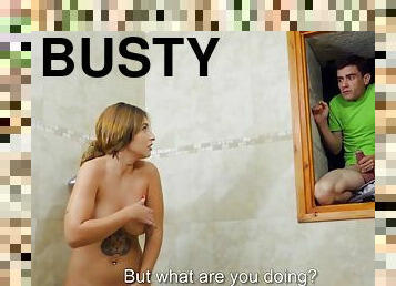 Busty vixen pleasures horny Spanish dude in the shower