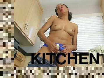 Carmen toys her a little in the kitchen cunt.