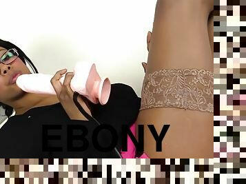 Ebony babe fucks with dildo while wearing stocking