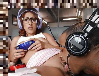 Gamer geek girl Kira Perez in an interracial sex scene with Mazee