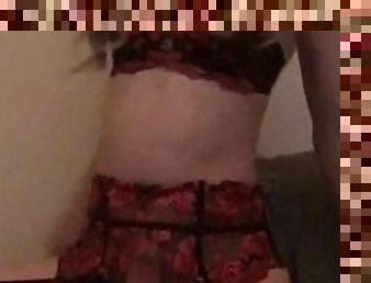 Trans in lingerie plays with herself