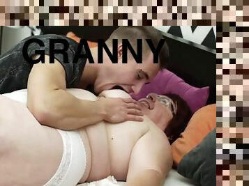 Lusty granny takes a massive load of cum in her mouth