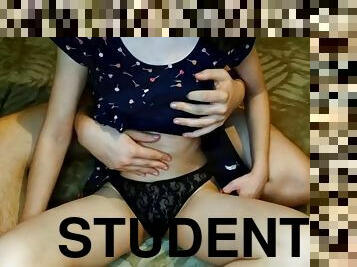 Spanking a beautiful student and cum on her red ass
