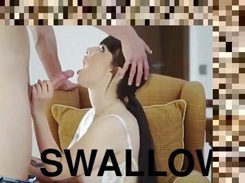 Brunette teen swallows cum in POV blowjob