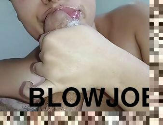 Slut bubbles her delicious hot saliva all over his hard cock, crazy slut for a blowjob