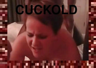 Cuckold MILF sucking 2 guys while sissy husband watches