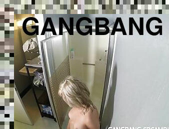 baden, groß-titten, gangbang, blondine, dusche