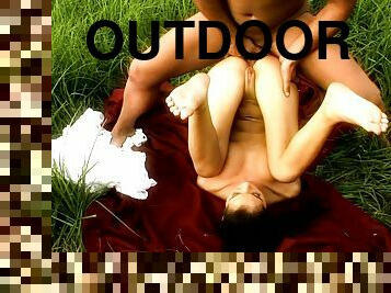 Shaved pussy brunette Lucy Belle gets fucked in the outdoors
