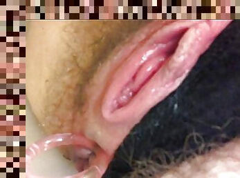 Hairy, Pumped Pussy, Piss, Anal Beads &amp; Dildo. MESSY