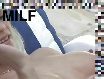 Cute blonde milf gets cum on her huge boobs after hot anal action on the sun lounger
