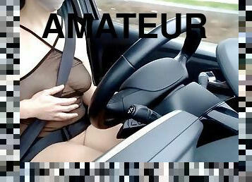 gros-nichons, mamelons, amateur, voiture, clignotant