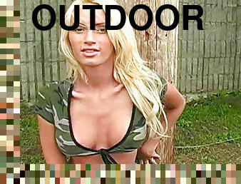 Bleach blonde teen topless outdoors