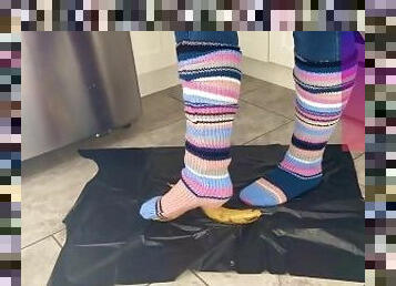 Banana Crushing In Socks, Nylon Socks, And Barefeet (First Time Crushing)