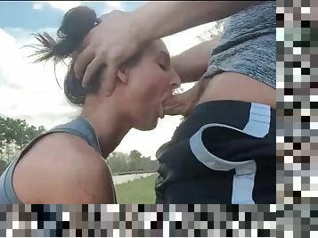 Real amateur outdoor blowjob in public and cum
