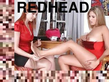 Big tits redhead in satin blouse loves feet