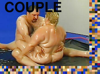 Fat couple oil wrestling and kinky play