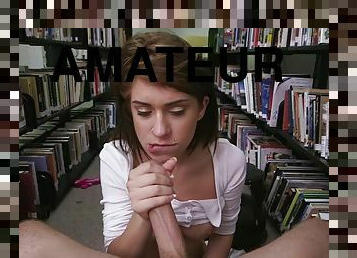 Young babe joseline kelly sucking long, hard cock in the library