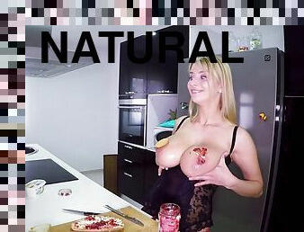 Katerina made him some food, while she played with her big natural tits