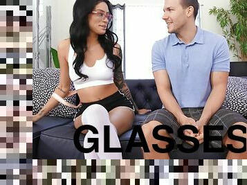 Fucking on the sofa with slutty Latina Nina Pink with glasses