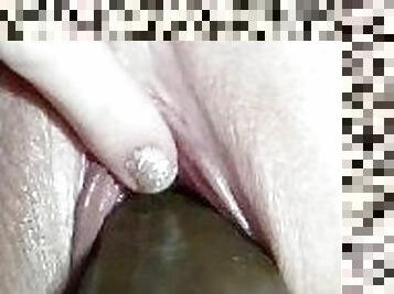 Very close up of 10in BBC dildo deep inside while rubbing clit