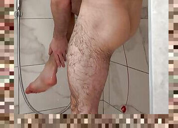 Showering in hotel 21 years old hairy muscular twink with huge uncut dick