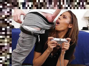 Impeccable deepthroating skills while playing her favorite video game