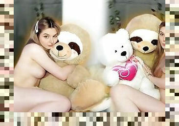 Horny girl in threesome with teddy bears!