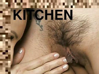 Intense kitchen oral play with two needy lesbos