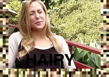 Blonde teen with a hairy pussy fucks outdoors