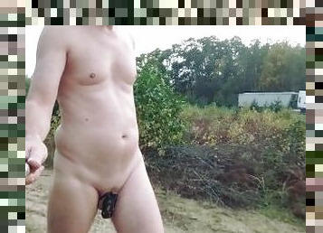 Naked walking around neighborhood and flashing along road