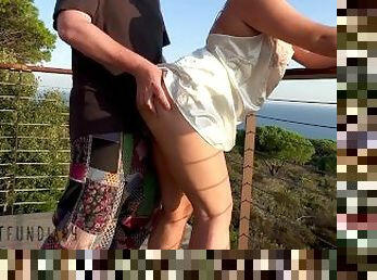 sexy curvy milf in white satin dress sunset balcony public outdoor fuck