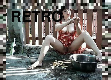 Retro the maid is peeling the potatoes for dinner. Vintage performance. c2