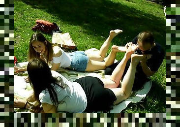 Two Barefoot Girls In Park Having Their Feet Worshiped By A Stranger (foot Worship Public Feet) P1