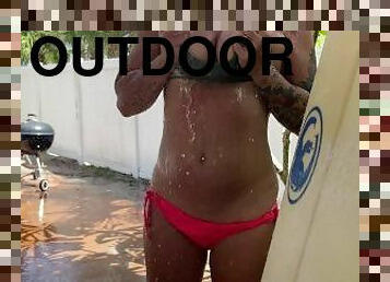 mandi, di-luar, awam, amateur, perempuan-jelita, pantai, mandi-shower, bikini, basah, rambut-perang