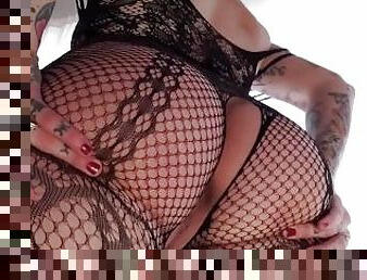 Fishnets bare pussy