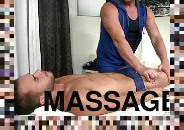 MenOver30 Swimmer dressed in Speedo finishes off his masseuse
