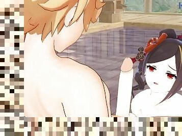 Chiori and Aether have intense sex in the bathroom. - Genshin Impact Hentai