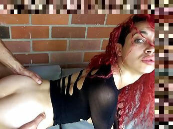 Busty Colombian redhead sucks and fucks big cocks with religious zeal
