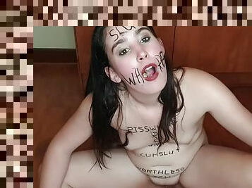 Dirty talking piss slut eats fruit covered in piss, degrading body writing