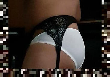 masturbation, ejaculation-sur-le-corps, gay, massage, point-de-vue, culotte, blanc, en-nylon, soutien-gorge, taquinerie