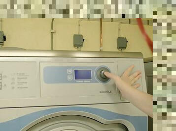 Patient girl takes her time to masturbate by a washing machine