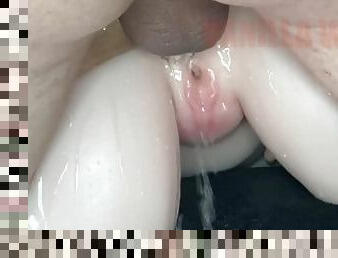 Messy wet filling teen ass with pee and oozing cum