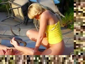 Tight bodied blonde teen fucking out in the garden