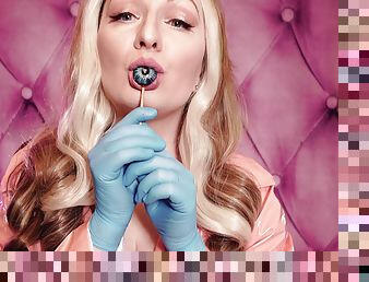 Asmr: Blue Nitrile Gloves And Candy Sucking Wearing Pink Pvc Coat Girl In Braces With Arya Grander