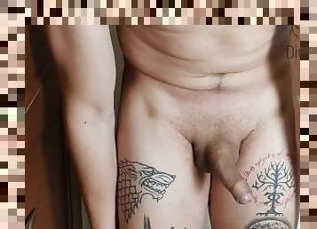 masturbação, gozando, suja, excitante, sozinho, tatuagem, pénis