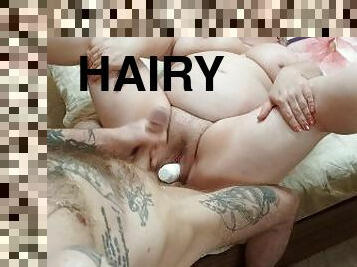 hairy mother-in-law's pussy in cum after jerking off a dick