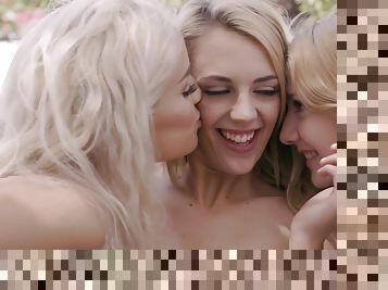 en-plein-air, lesbienne, trio, blonde, lingerie