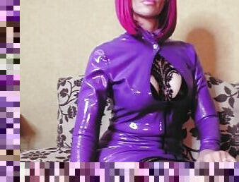 Sexy Fetish Mistress Domina Eva Latex Milf Goddess Femdom BDSM Purple Dress Toys Heels Pink Hair Mom