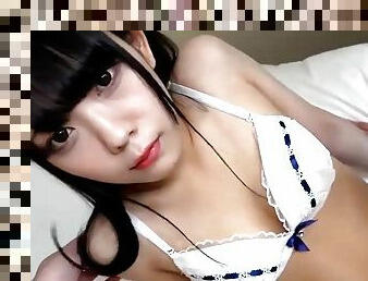 An 18-year-old Japanese woman with long black hair and a beautiful face and body. She gives blowjob and creampie sex